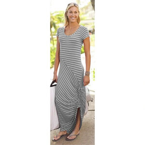 New Athleta Shark Bite Cinch Maxi Dress Gray Asymmetrical Striped Jersey Small